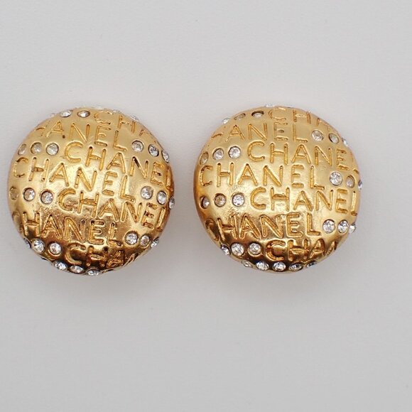 CHANEL Logo Rhinestones Earrings Clip-on Gold France Vintage 31RL407 - Picture 9 of 13